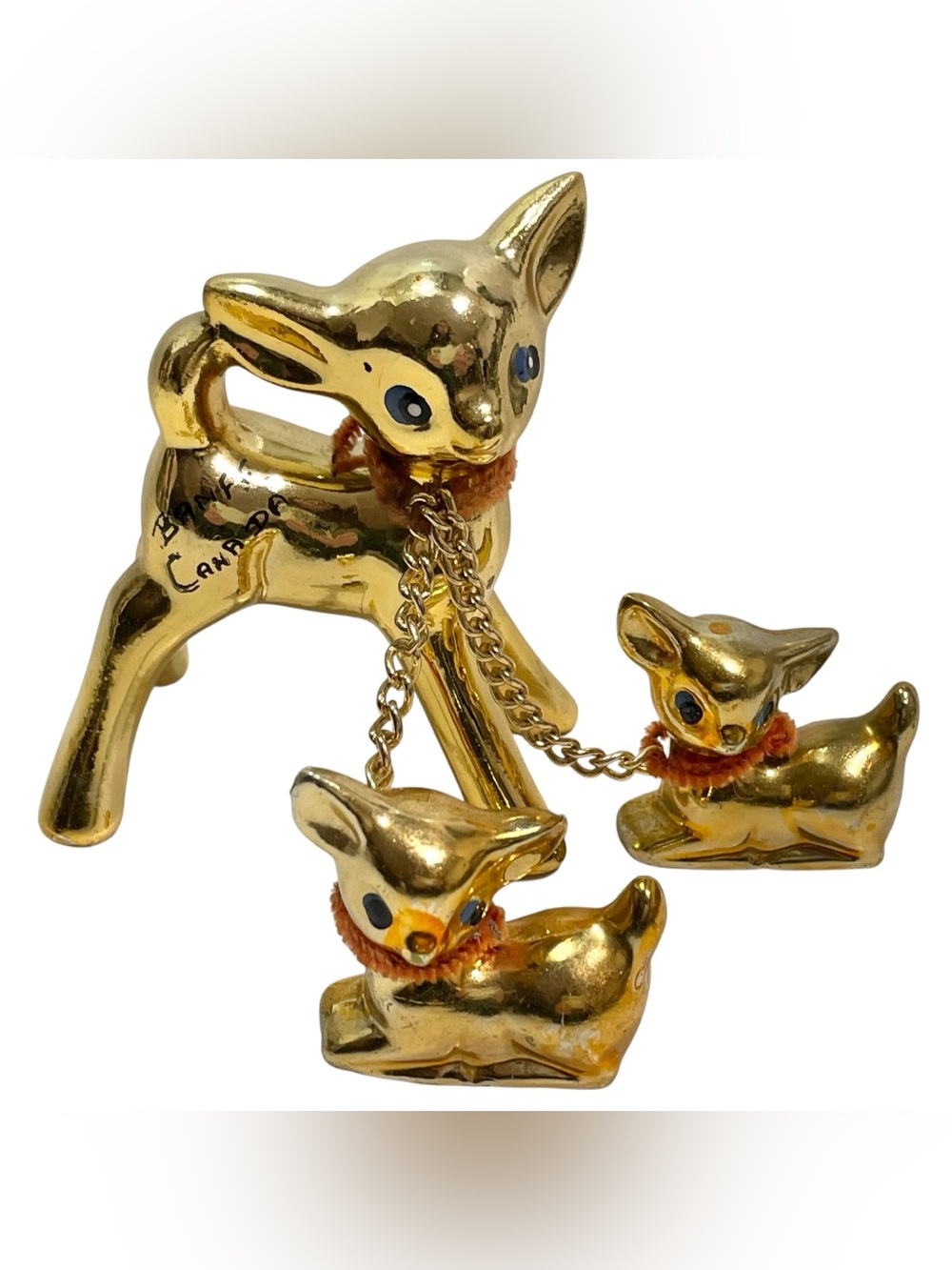 Vintage 1950s Kitschy Golden Deer Family Figurines - Mom Babies Chains - Banff